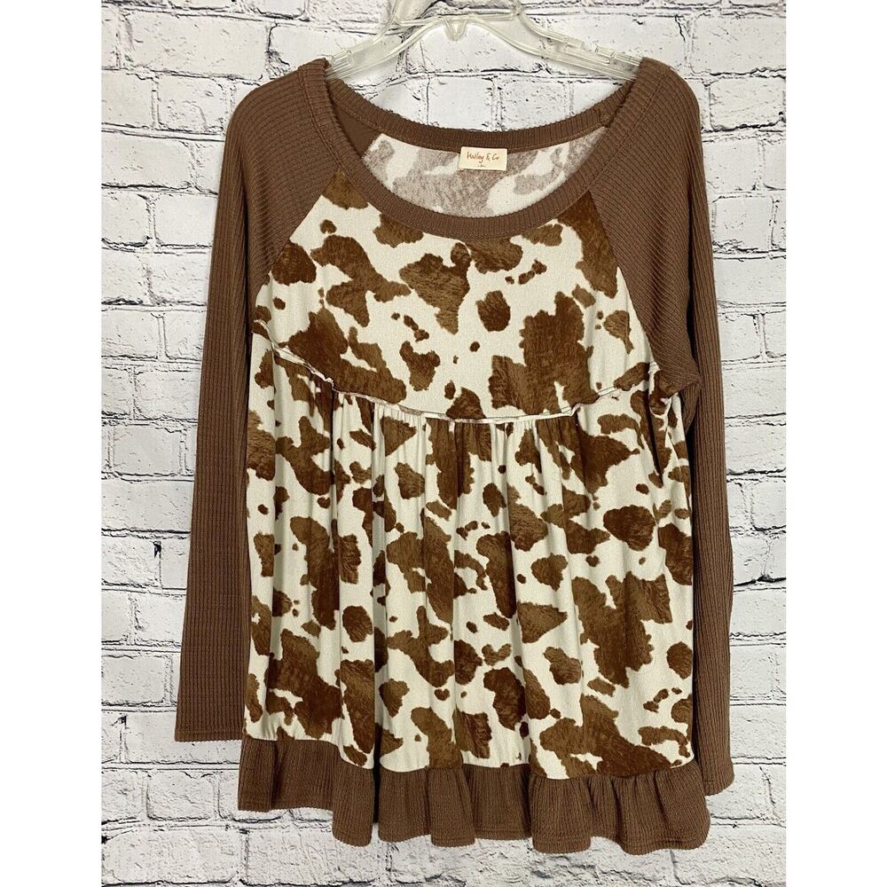 Hailey &‎ Co Solid/Animal Print Waffle Knit Long Sleeve Baby Doll Top Sz M